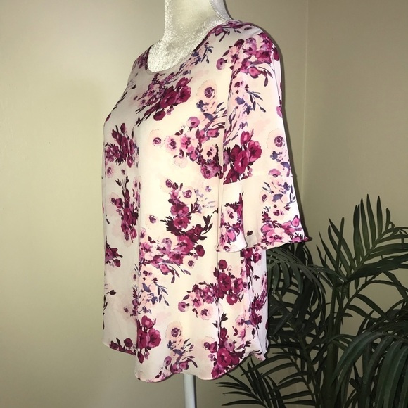 Elle Pink Floral Ruffle Shirt Sleeve Poly Top M - Picture 6 of 8